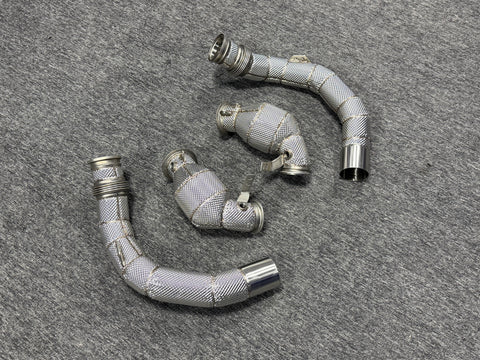 premium stainless steel downpipes for BMW S63 engine, TIG welded high performance exhaust system with heat shield