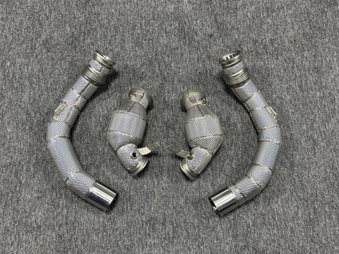 BMW X5M X6M S63 4.4T performance downpipes with heat shield, stainless steel TIG welded, high flow exhaust pipes